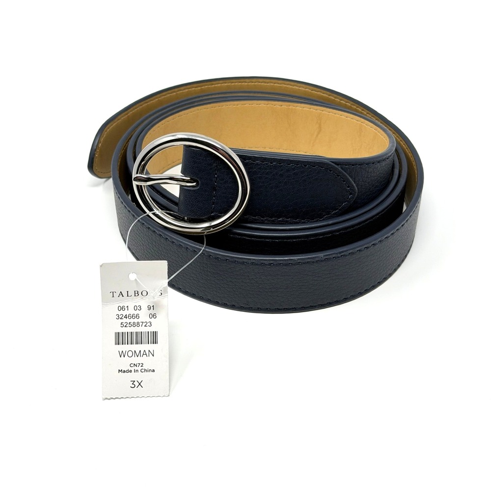 Talbots Womens Belt 3X 100% Leather Navy Blue Silver Round Buckle NWT